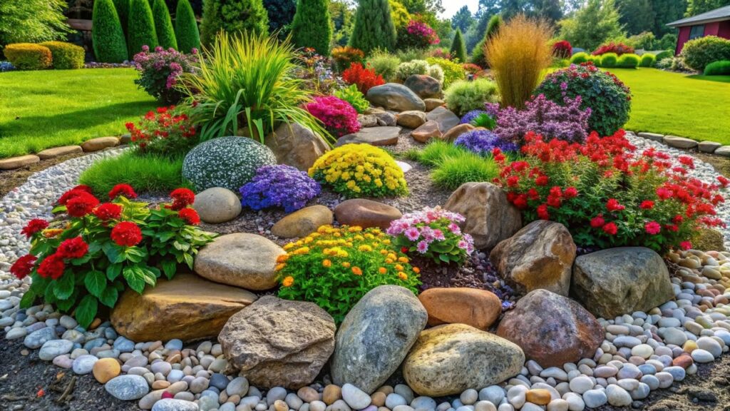 Beautiful Flower Bed and Stone Decor Installation